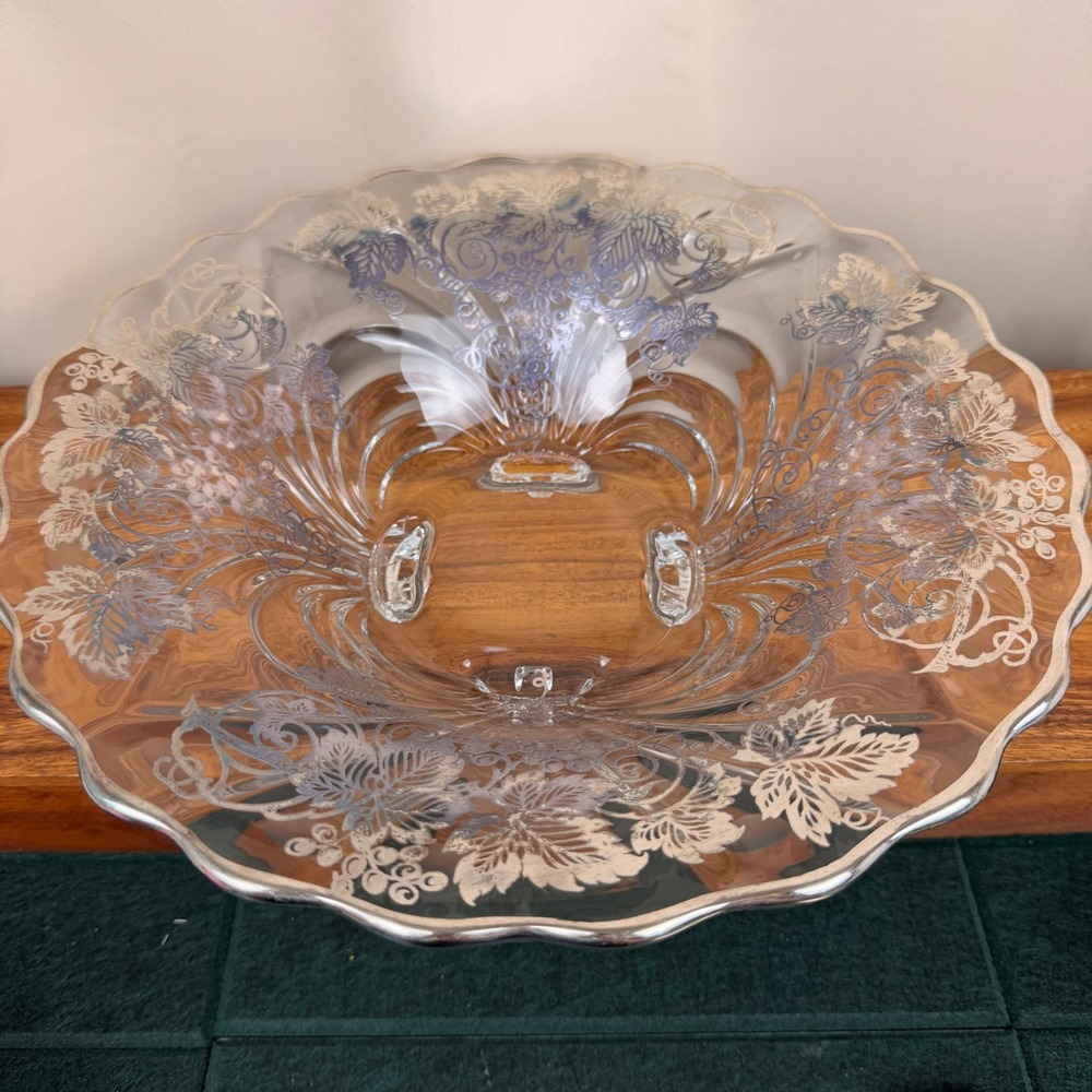 Cambridge Caprice Glass Bowl Silver Overlay Grape Vine Scalloped Footed 13 Inch